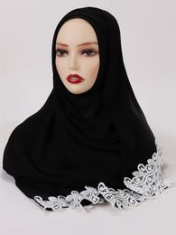 2022 Chiffon Women Muslim Hijab Head Scarf with White Flower Leafs Lace Hijabs For Scarves Veil Islam Shawl