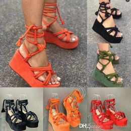 Summer 2022 Women Sandals Slope Heel Binding Rope Fashion Thick Bottom Shoes