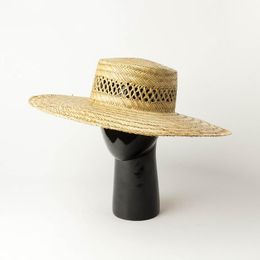Wide Brim Hats Handmade Hollow Straw Hat Big Eaves Summer Flat Top Fedora Outdoor Sun Natural Grass Beach Uv 50