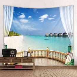 Sea View Tapestry Beautiful Window Printing Wall Hanging Hippie Living Room Bedroom Decoration Carpet J220804