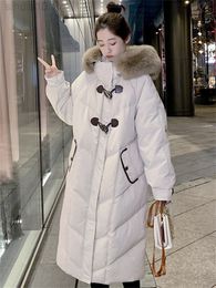 Winter Coat Women Thick Fur Collar Hooded Warmth Parkas 2022 New Fashion Loose Long Sleeve Beige Down Cotton Jackets Feminina L220730