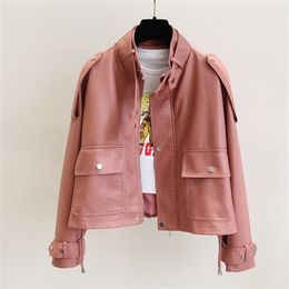 Ailegogo Autumn Women Streetwear Pink Pu Faux Soft Leather Jacket Casual Female Motorcycle Biker Zipper Big Pocket Coat 220815