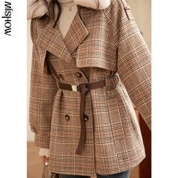 MISHOW Winter Wool Coats For Women Plaid Warm Thick Jackets Fur Collar Long Sleeve Outerwear Female Overcoats MX20D9755 201215
