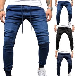 Men's Jeans Men Denim Mid Waist Ankle Banded Pencil Trousers Skinny Stretch Ripped Pants Streetwear Mens BlueMen's Heat22