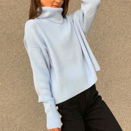 Winter Women Knitted Turtleneck Pearl buttons Basic Soft Warm Cosy Drop Shoulder Sleeve Pullover Jumper Women Sweater 201204