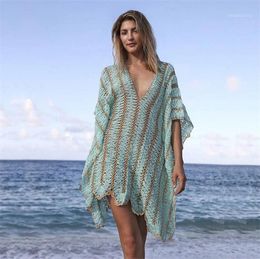 Women's Swimwear 2022 Beach Cover Up Crochet Knitted Beachwear Striped Tunic Long Pareos Summer Swimsuit Sexy Dress Saida De Praia