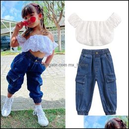 Clothing Sets Kids Girls Outfits Children Off Shoder Lace Topsanddenim 2Pcs/Set Summer Fashion Boutique B Mxhome Dht9I