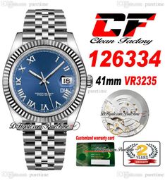 Clean CF Date 41mm 126334 VR3235 Automatic Mens Watch Blue Dial Roman Markers 904L JubileeSteel Bracelet Same Serial Card Super Edition Watches Puretime j10
