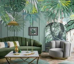 Custom living room bedroom decorative wall sticker 3D wallpaper abstract tropical plants fresh leaves simple european background wall