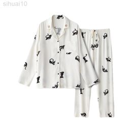 Spring and Autumn Women Fashion High-end Homewear Suit Satin Cartoon White Black Cat Pajamas Long-sleeved Trousers Woman Pijama L220803