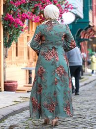 Ethnic Clothing 2022 Summer Floral Print Polyester Casual Muslim Dress Ramadan Kaftan Dubai Abaya Turkey Woman Headscarf Islamic