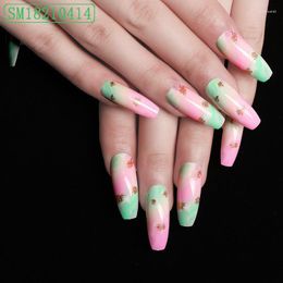 pink gel glue UK - Nail Gel 24pcs Nails Patch Glue Type With Gold Leaf Long Paragraph Fashion Pink Green Gradient Manicure False Stac22