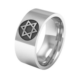 Stainless Steel Silver ring High Polished Men's Masonic Jewish punk Six pointed star symbol Star Of David Religion Rings 8MM Wide Jewellery