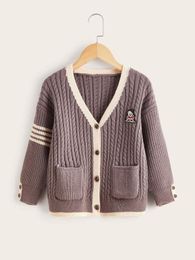 Toddler Boys Bear Patched Striped Pattern Double Pocket Cable Knit Cardigan SHE