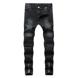 Men's Jeans Ripped Draped Biker Knee Pleated Ankle Zipper Brand Slim Fit Cut Destroyed Skinny Jean Casual Fashion Pants For Homme