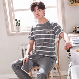 puls size L-4XL cotton Pyjama sets for men summer short sleeve Pyjamas striped pyjama male long pants homewear pijamas hombre T200813