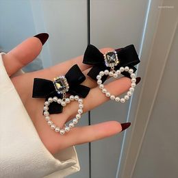 Dangle & Chandelier Fashion Sweet Black Bowknot Earrings For Women Girl 2022 Design Crystal Glass Simulated Pearls Heart Drop JewelryDangle