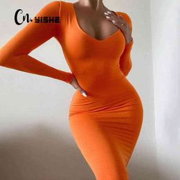 CNYISHE Fashion Neon Orange Long Sleeve Midi Dresses Women Sexy Bodycon Sheath Dresses Female Party Tight Dress Casual Vestido Y220413