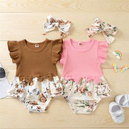 Clothing Sets 0-18 Months Born Girls 2Pcs Summer Baby's Ruffle Sleeve Rib Knit Solid Colour Floral Patchwork Romper With Headband