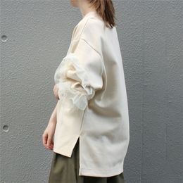 Hoodie Women Long Sleeve Hoodie Shirt Mesh Tulle Sleeve Frilled Sweatshirts Japan Style Female Tops Loose Tops Women 201203
