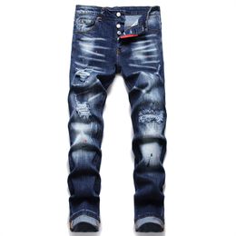 Slim Fit Jeans Blue Ripped Men's Denim Pants 5-Pocket Regular Cotton Jean Destroyed Hole Clothing Pant Hip Hop Casual Trousers 1311