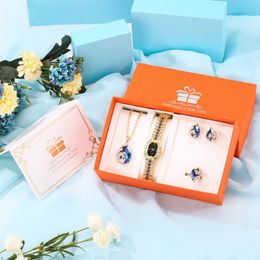 Armbanduhren Top Luxus Damen Royal Uhren Halskette Ohrring Ring Set Charm Anhänger Damen Kleid Uhr Exquisite Geschenke Sets Box für Wo