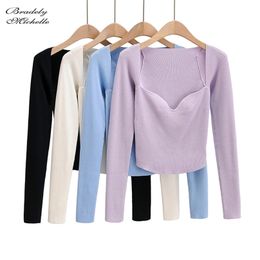 Solid Women Cotton Knit Thin Sexy Tops Slash neck full Slim Sweater 201222