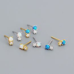 Classic 925 Sterling Silver Stud Earrings Round White Blue Opal Earring with Cubic Zirconia Fine Jewellery Gifts