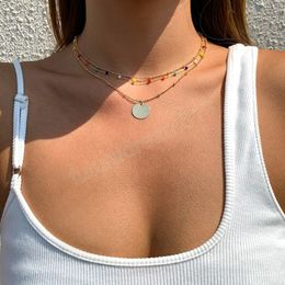 Vintage Simple Round Sequin Pendant Necklace Women's Boho Gold Fashion Color Bead Clavicle Necklaces Girl Lover Jewelry Gift