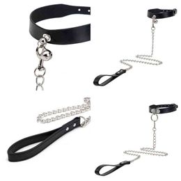 Nxy Sm Bondage Trendy Punk Leather Choker Adult Products Dog Bell Collar Handmade Drag Chain Costume Metal Chocker 220426