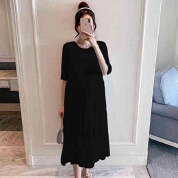 Black White Summer Fashion Maternity Aline Dress With Liner Short Sleeve Oneck Ruffles Patchwork Pregnan Pleated Chiffon Dress J220628
