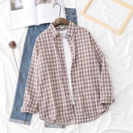 HSA Women Vintage Plaid Blouse Turn Down Collar Ladies Purple Shirt Chic Clothing Long Sleeve Button Female Blusas Tops 210716