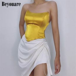 Beyouare Sexy Silk Women Tube Tops Solid Sleeveless Asymmetric Slim Skinny Corset Cropped Top Summer Casual Elegant Bustier 220325