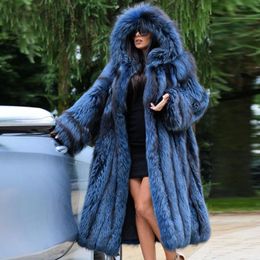 Women's Fur & Faux Blue Real Coat Hooded 2022 110cm Long High Quality Genuine Silver With Hood Thick Warm Women OvercoatsWomen's Women'sWome