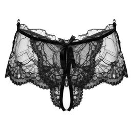 Men's G-Strings Men Sissy G-string Lingerie See-through Lace Crotchless Skirted Thong Low Rise Elastic Waistband Bow T-back Panties Underwea