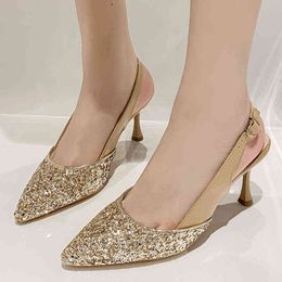 Sandals Brand Design Sequin Pumps Women 2022 New Punch Shoe Slingbacks High Heels Shoes Woman Thin Heel Gold Silver Party 220419