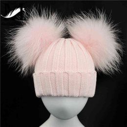 Winter Baby Hat With Two Fur Pompons Boy Girls Natural Hairball Beanie Kids Caps Double Real Fur Pom pom Hat For Children J220722