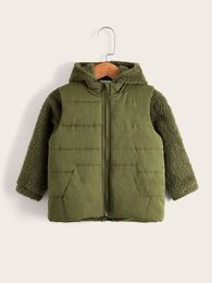 Toddler Boys Patch Pocket Hooded Shearling Sweatshirt & Vest Coat SHE