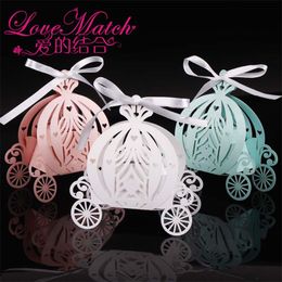 2019 50pcs Laser cut pumpkin carriage Wedding Candy favor boxpearl color paper candy boxbaby shower birthday gift T200115