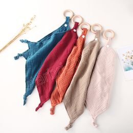 Muslin Cotton Baby Bibs Solid Colour Soothe Appease Towel Burp Cloth With Wood Teether Ring Newborn Snap Button Saliva Towel