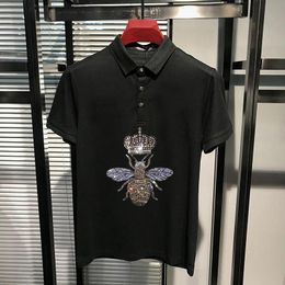 Men's Polos Super Lapel Design High Quality Gradient Rhinestone Crown Short-Sleeved Anti-Wrinkle Men's Shirt Elasticity ClothingMen's Me