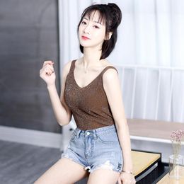 Cool Spring Sexy T Shirts Knitted Tank Top Women Solid Silver V Neck T-shirt Female Sleeveless Vest Casual Camis Blouse