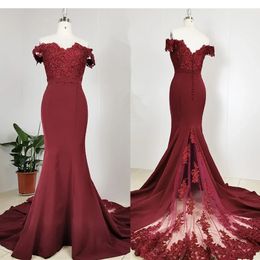 Bury Lace 2022 Appliqued Mermaid Bridesmaid Dresses Vintage Off Shoulder Prom Evening Gown Formal Maid of Honor Dress