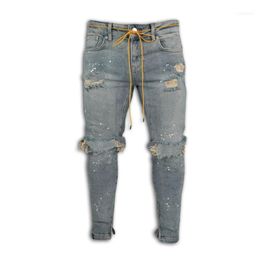 Jeans da uomo Moda Cerniera alla caviglia Skinny Stretch Distrutto Strappato Punto di vernice Design1
