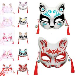 Anime Fox Mask Hand-Painted Japanese Half Face Cat Mask Masquerade Festival Ball Kabuki Kitsune Masks Cosplay Costume Party Prop