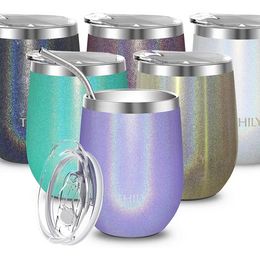 12oz Stainless Steel Wine Glass Mugs Insulated Handleless Travel Glass Coffee Mug with Sliding Lid and Reusable Straw Christmas Gift Glitter Lavender 0620