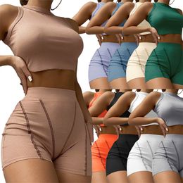 2022 Summer Casual Shorts Suits Women Tracksuits 2 Piece Set Outfits Sexy Crop Top Sleeveless Shirts Sportsuit Fashion Clothing K8738