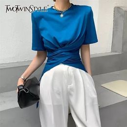 TWOWINSYLE Casual Ruched Irregular Shirt For Women O Neck Short Sleeve Solid Shirts Females Summer Fashion Stylish 220402