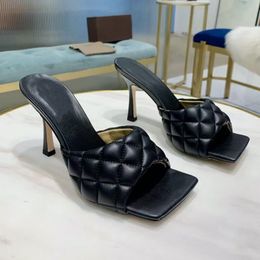 Women Black PADDED Lido Sandals Sexy slides soft nappa leather squared Designer slipper high heels shoes summer Flip Flops Dress Shoes with box 280 NO41