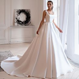 Simple Wedding Dress Square Neck Ball Gown Pearls Sleeveless Church Bride Gown Belt Bow Lace-up Classic Bridal Vestidos De Noiva